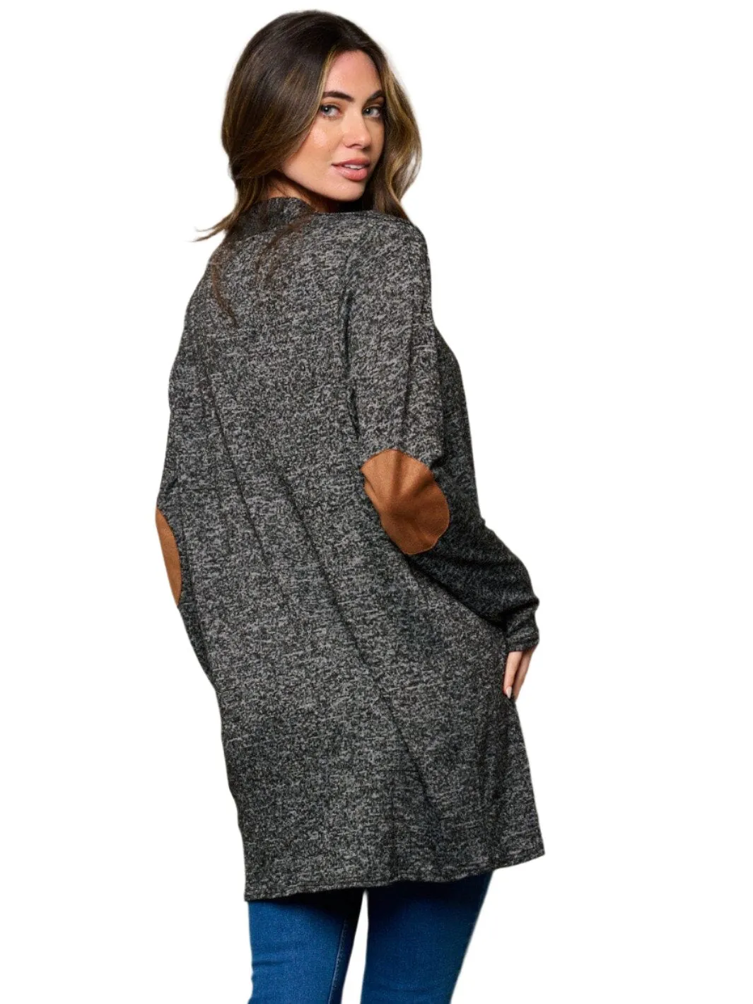 012- W Fashion Trends Elbow Patched Washed Cardigan- Charcoal