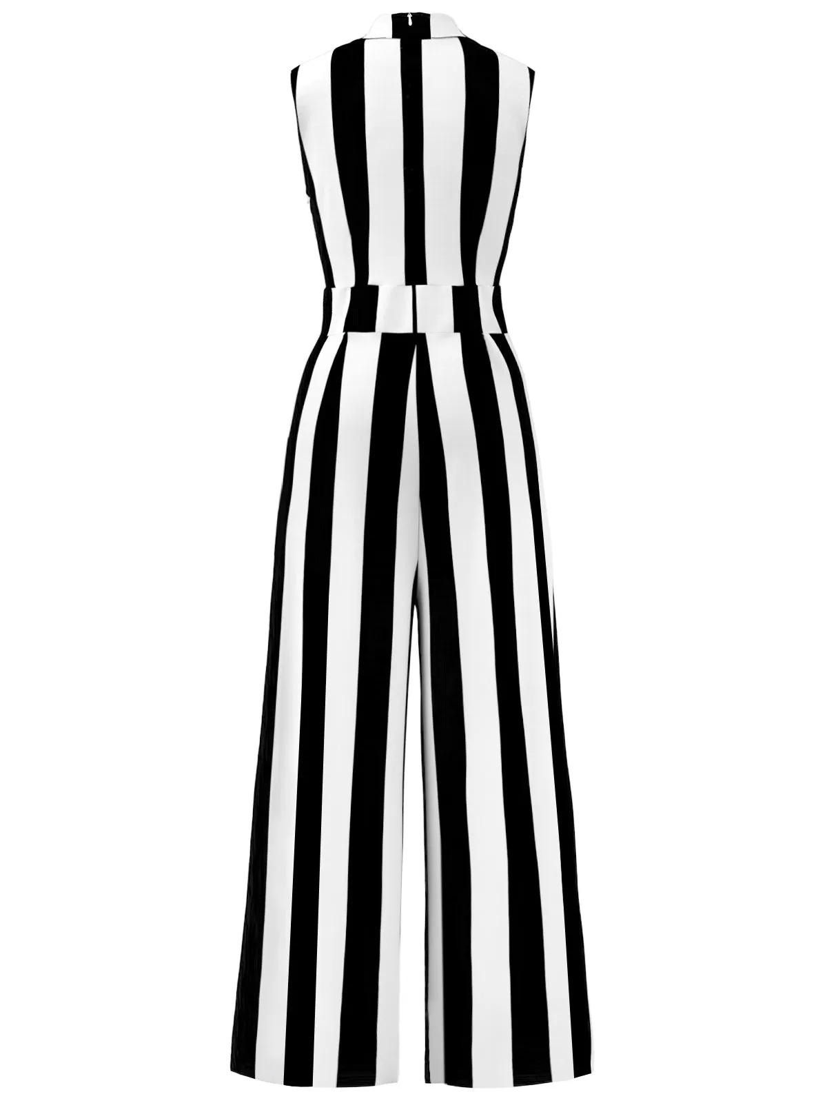 1930s V-Neck Black & White Vertical Stripes Jumpsuit