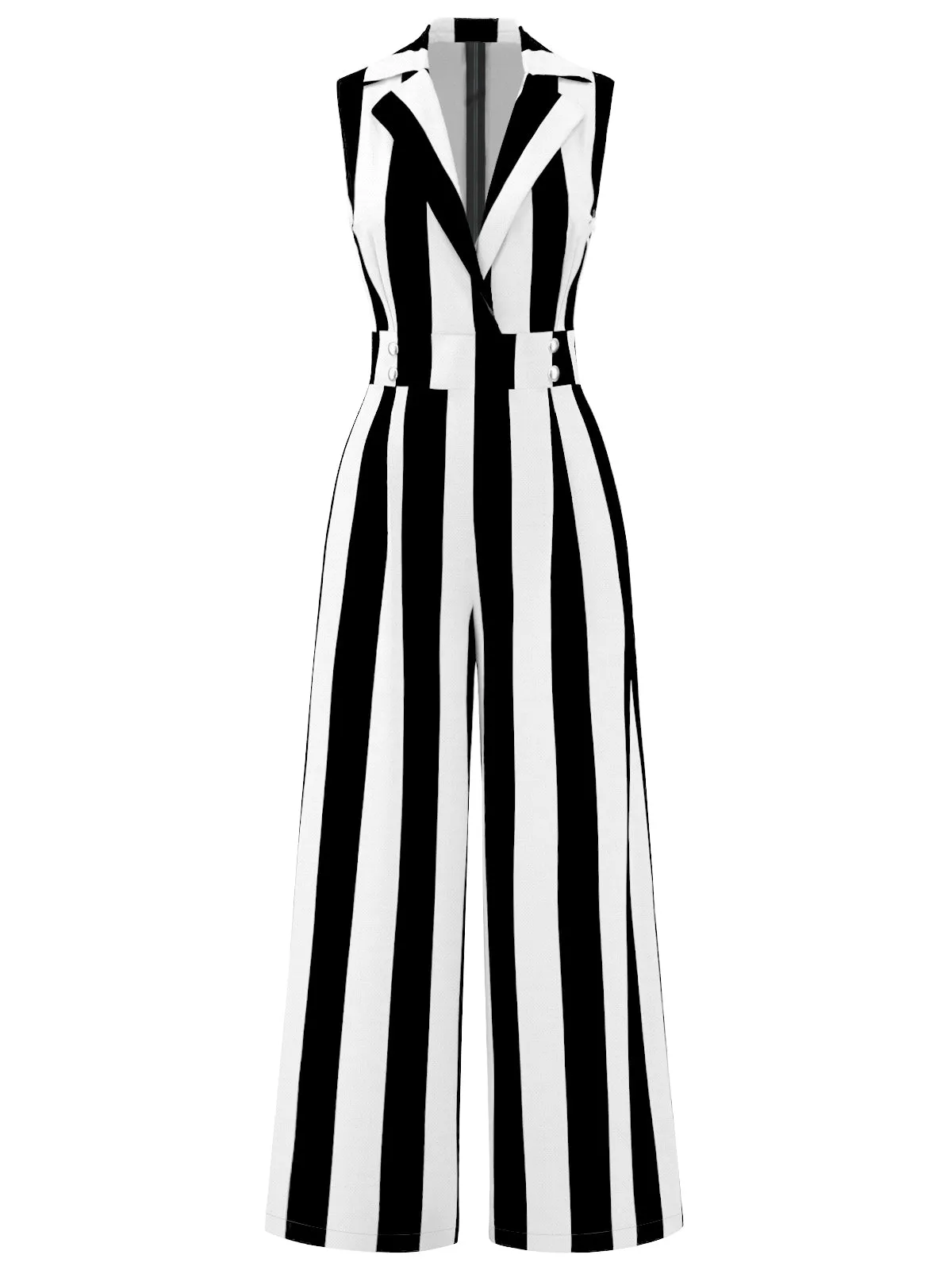 1930s V-Neck Black & White Vertical Stripes Jumpsuit