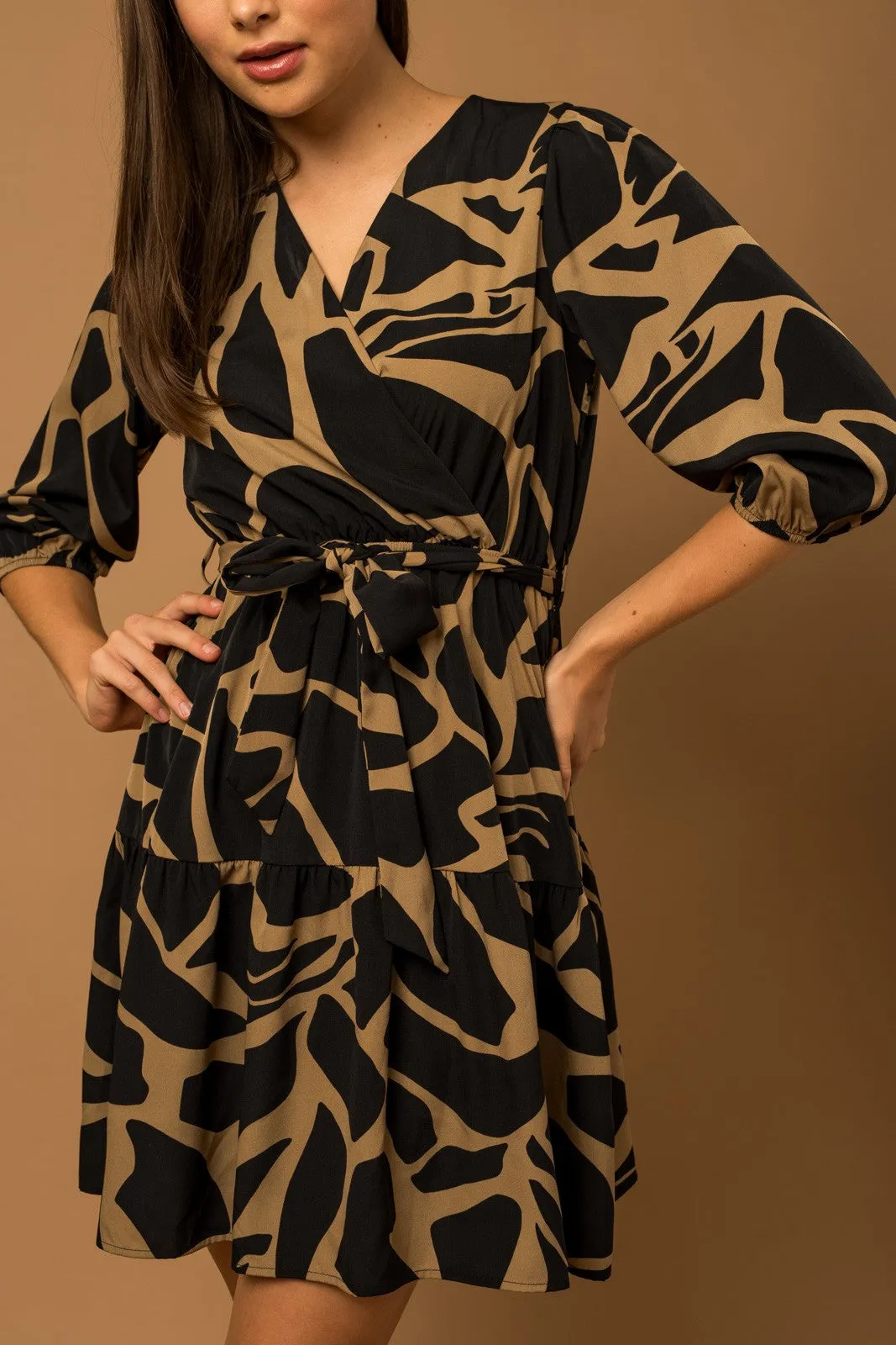 3/4 Sleeve Surplice Abstract Print Dress - Black/Taupe ONLY 1 SMALL LEFT