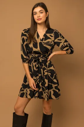 3/4 Sleeve Surplice Abstract Print Dress - Black/Taupe ONLY 1 SMALL LEFT