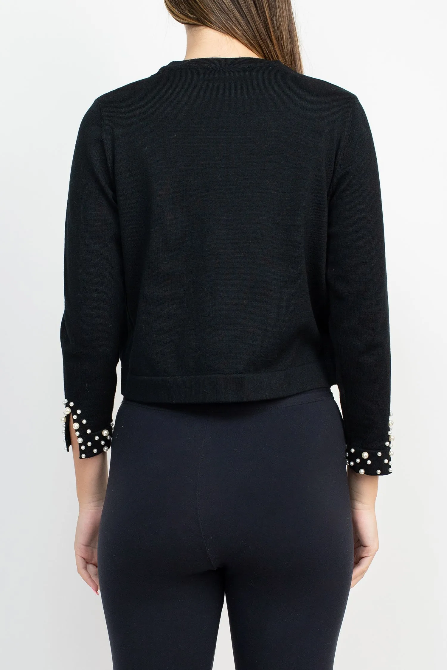 3Q Sweater Black Bolero Slit Pearl Sleeve Black  - Nina Leonard