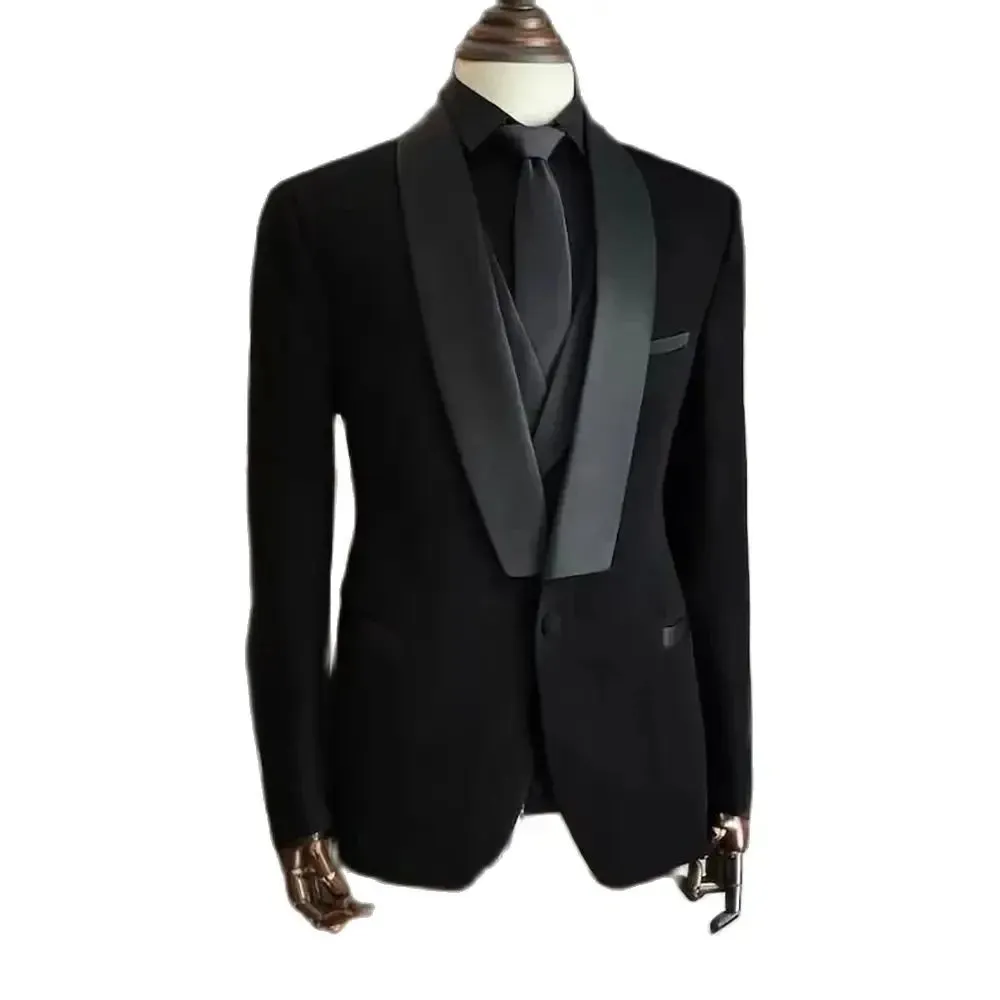 Aidase Black Men's Suits Shawl Lapel Single Breasted One-Button Elegant 3 Piece Jacket Pants Vest Slim Fit Formal Party Business Blazer