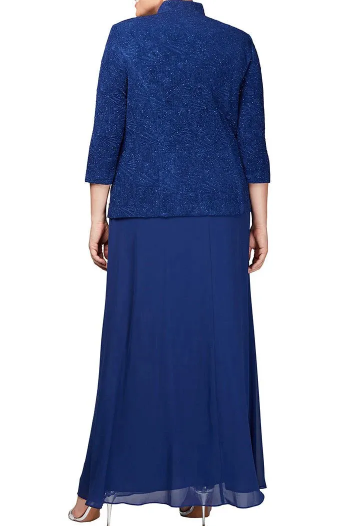 Alex Evenings Scoop Neck 3/4 Sleeve Jacquard Glitter Embellished Chiffon Skirted 2-Piece Jacket Dress (Plus Size)