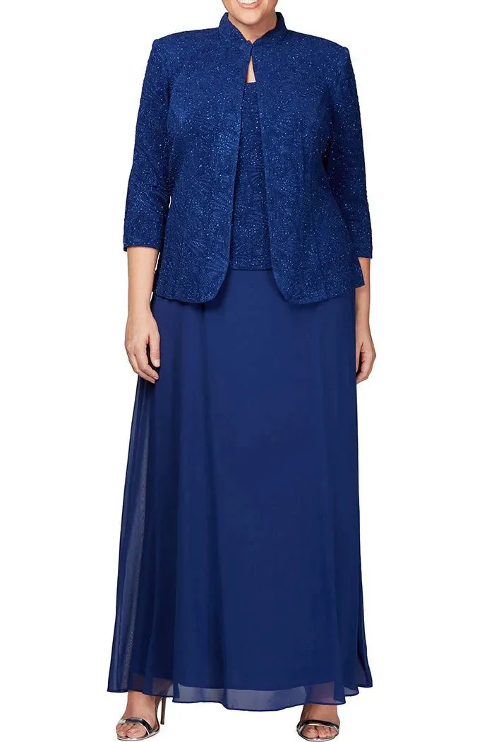 Alex Evenings Scoop Neck 3/4 Sleeve Jacquard Glitter Embellished Chiffon Skirted 2-Piece Jacket Dress (Plus Size)