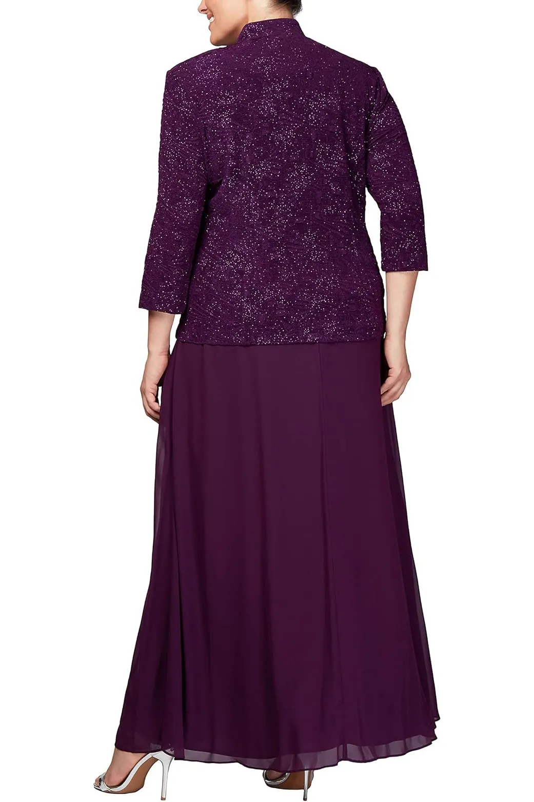 Alex Evenings Scoop Neck 3/4 Sleeve Jacquard Glitter Embellished Chiffon Skirted 2-Piece Jacket Dress (Plus Size)