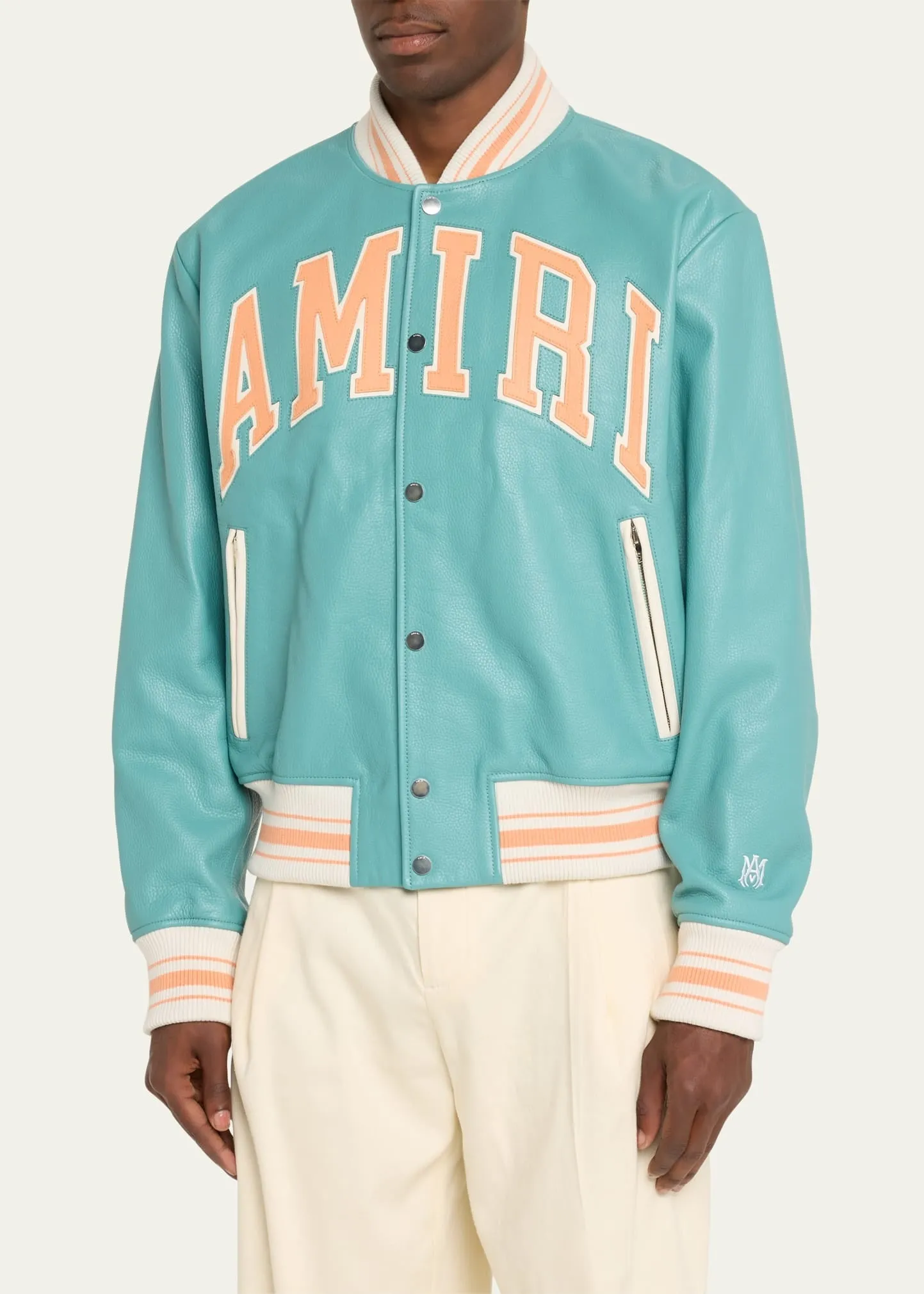 AMIRI LAMBSKIN LEATHER VARSITY STYLE BOMBER JACKET