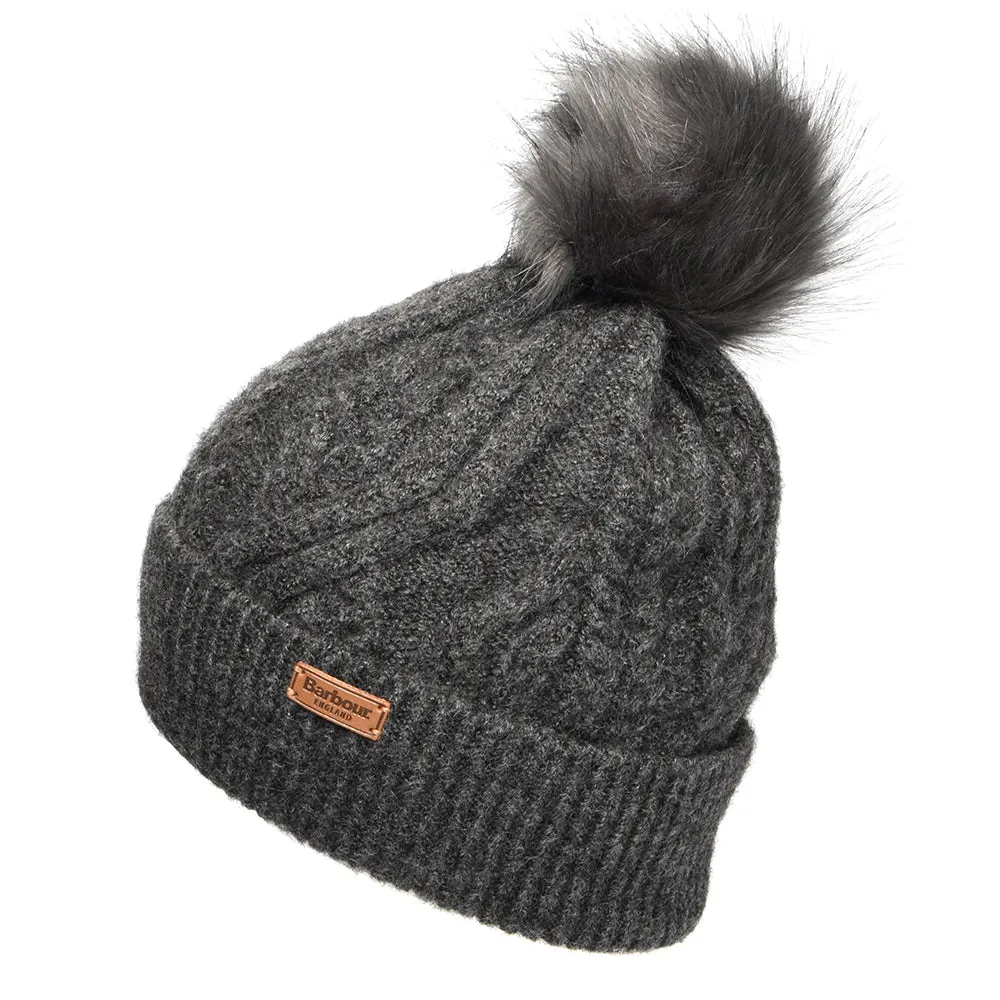 Barbour Hats Elsdon Cable Knit Faux Fur Pom Bobble Hat - Grey