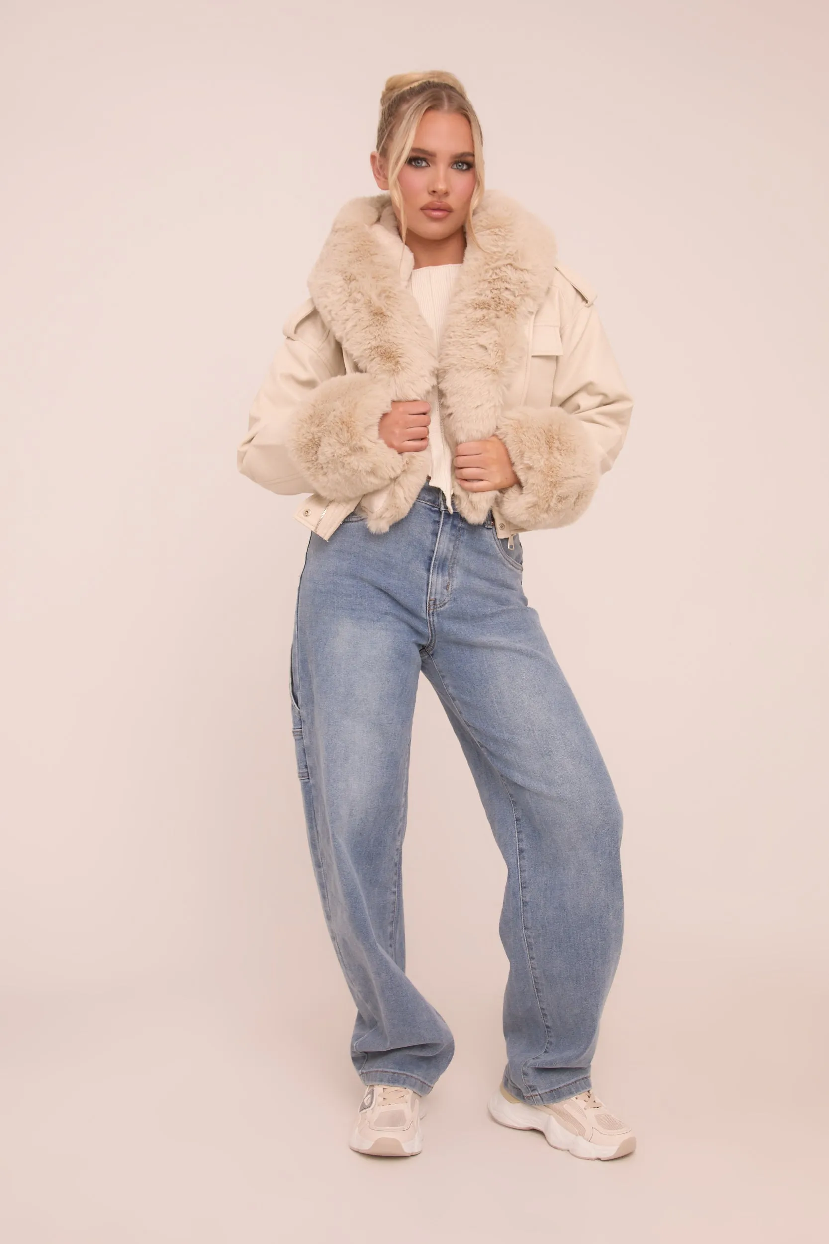 Beige Faux Leather Fur Lined Bomber Jacket - Larna