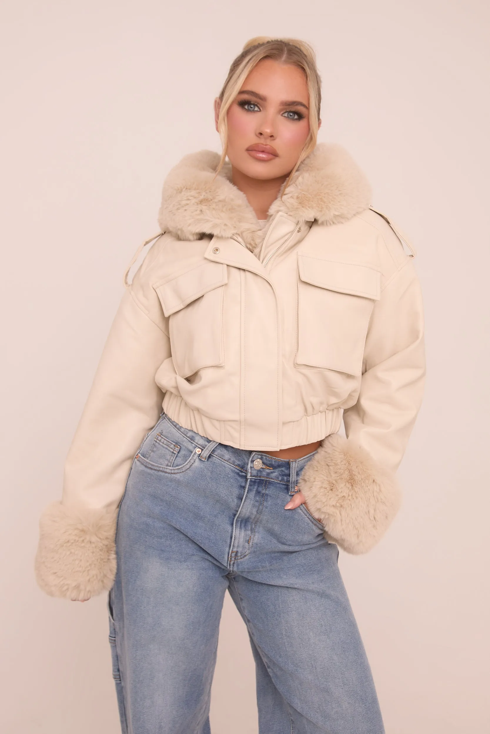 Beige Faux Leather Fur Lined Bomber Jacket - Larna