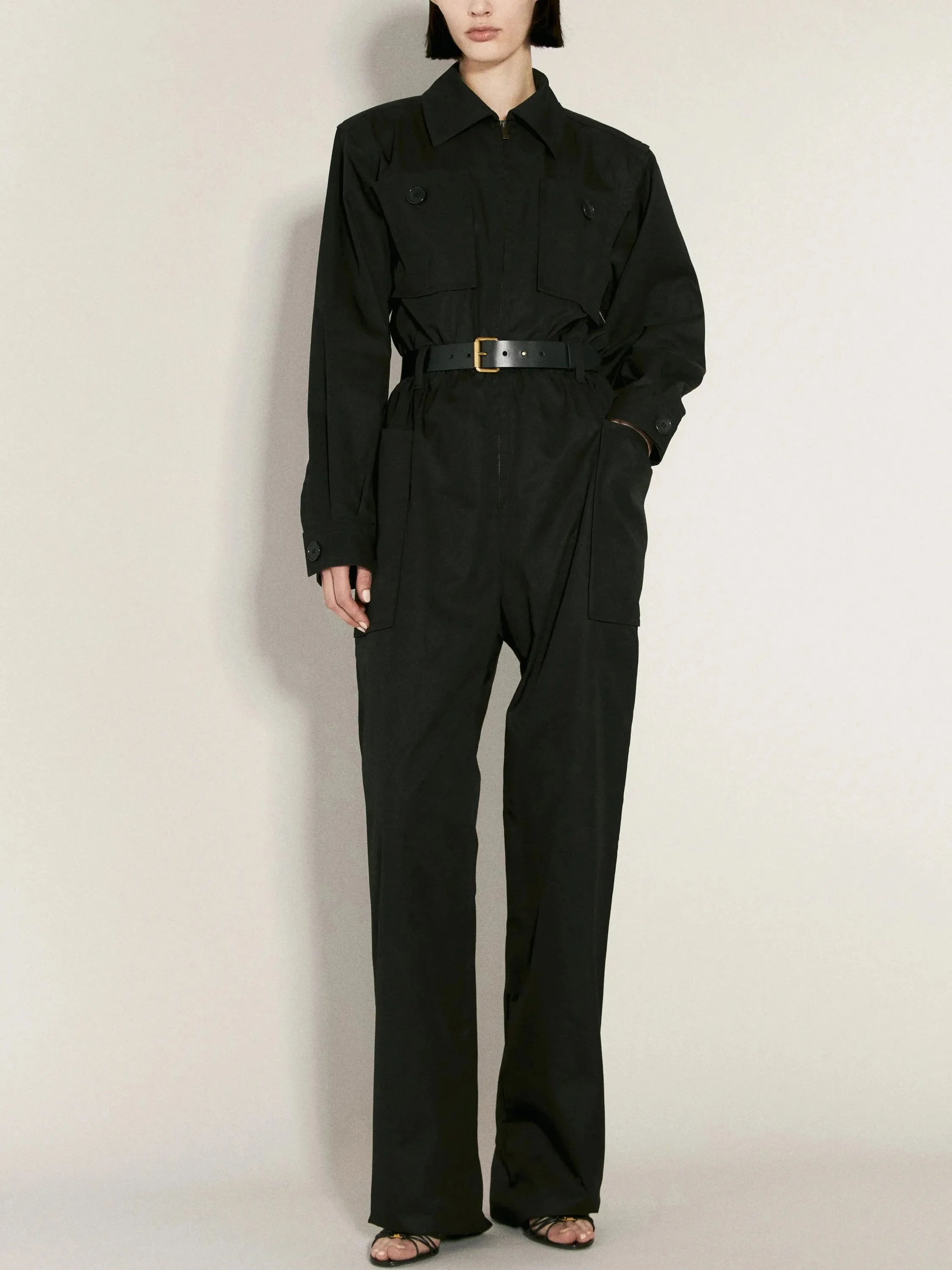 Belted Black Cotton Cargo Jumpsuit