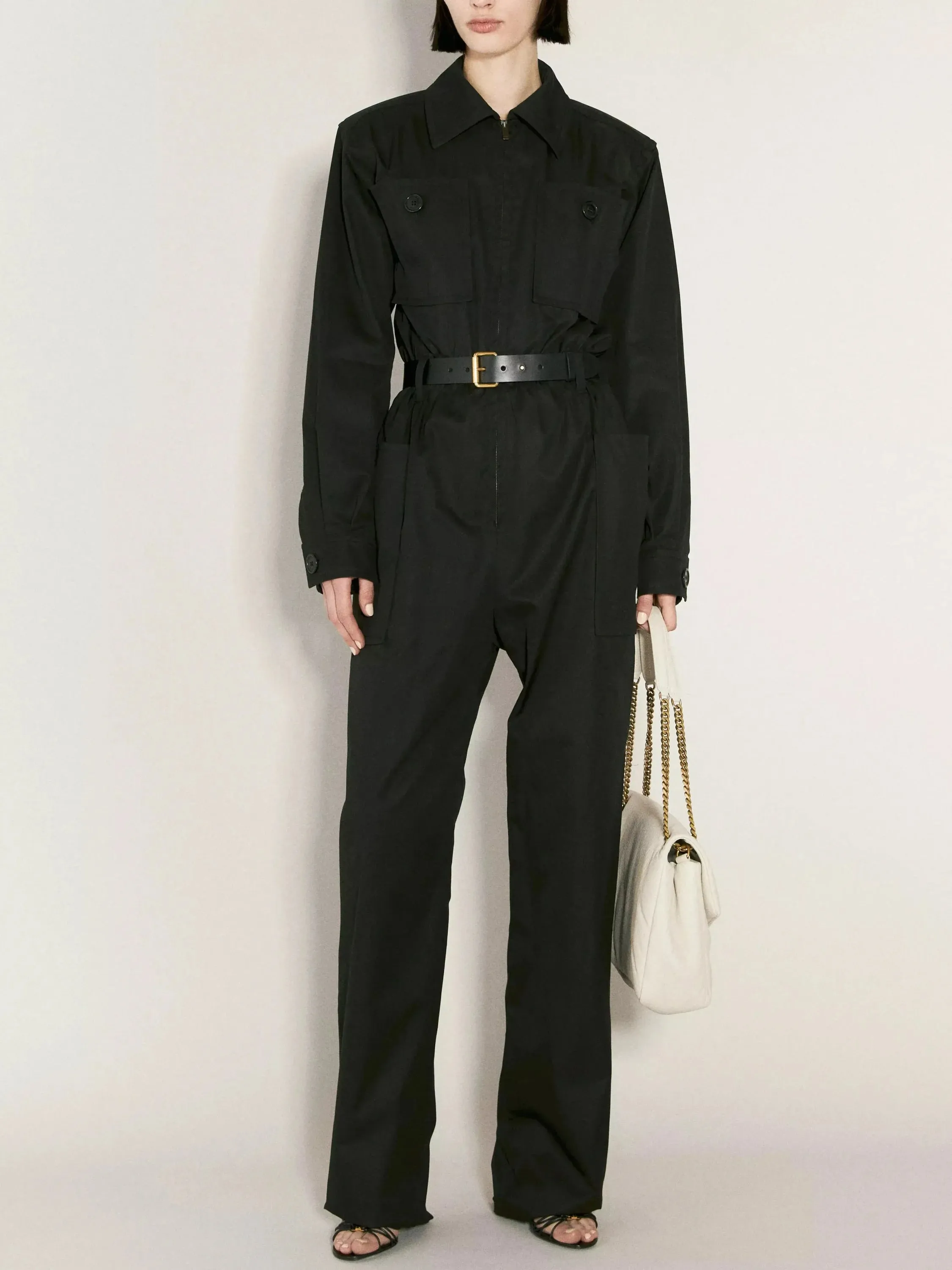 Belted Black Cotton Cargo Jumpsuit