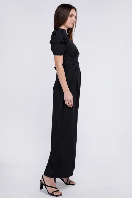 Black Elegant V Neck Puff Sleeve Jumpsuit