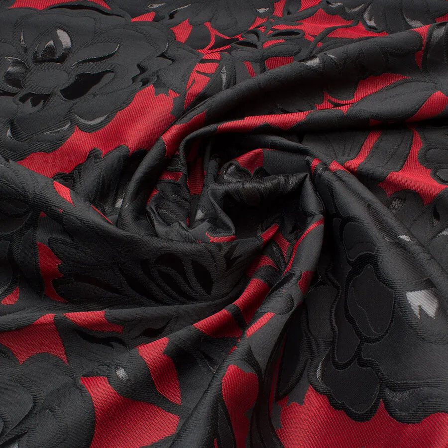 Black Floral on Dark Red Metallic Brocade