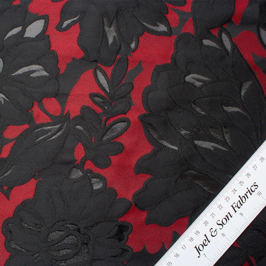 Black Floral on Dark Red Metallic Brocade