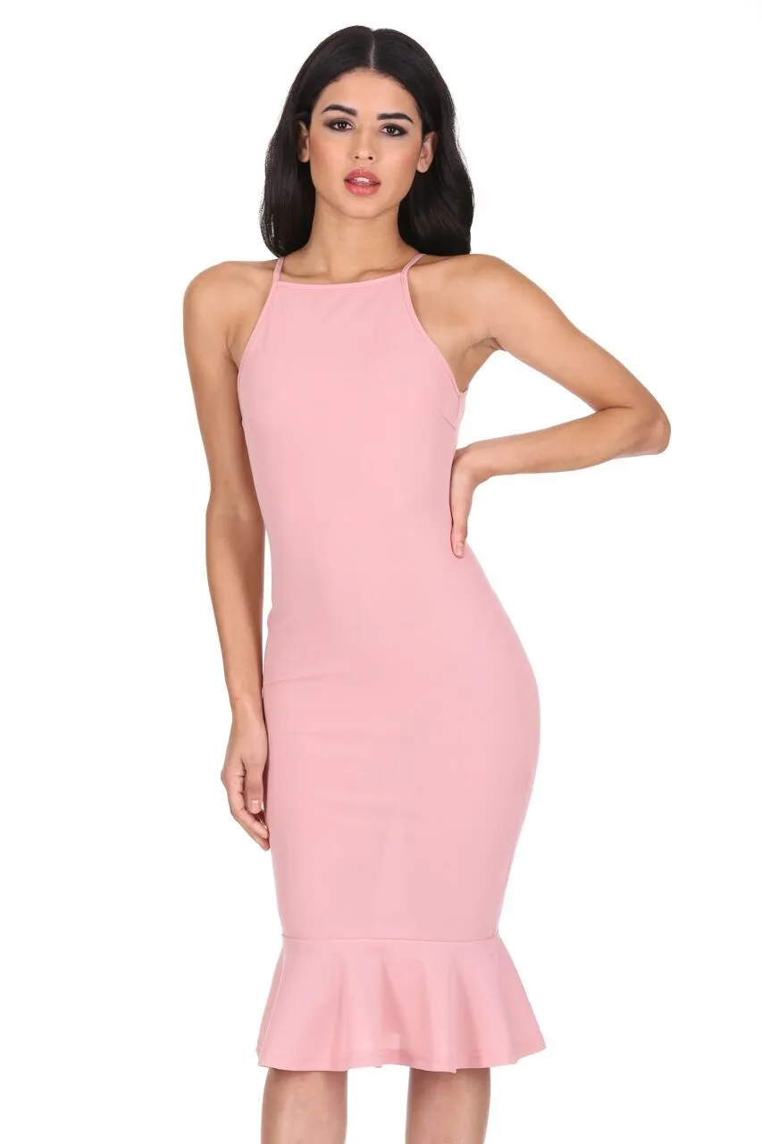 Blush Bodycon Midi Dress With Frill Hem