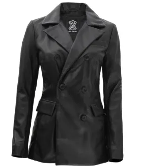 Breanna Black Double Breasted Leather Coat Women