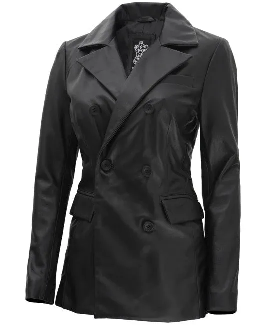 Breanna Black Double Breasted Leather Coat Women