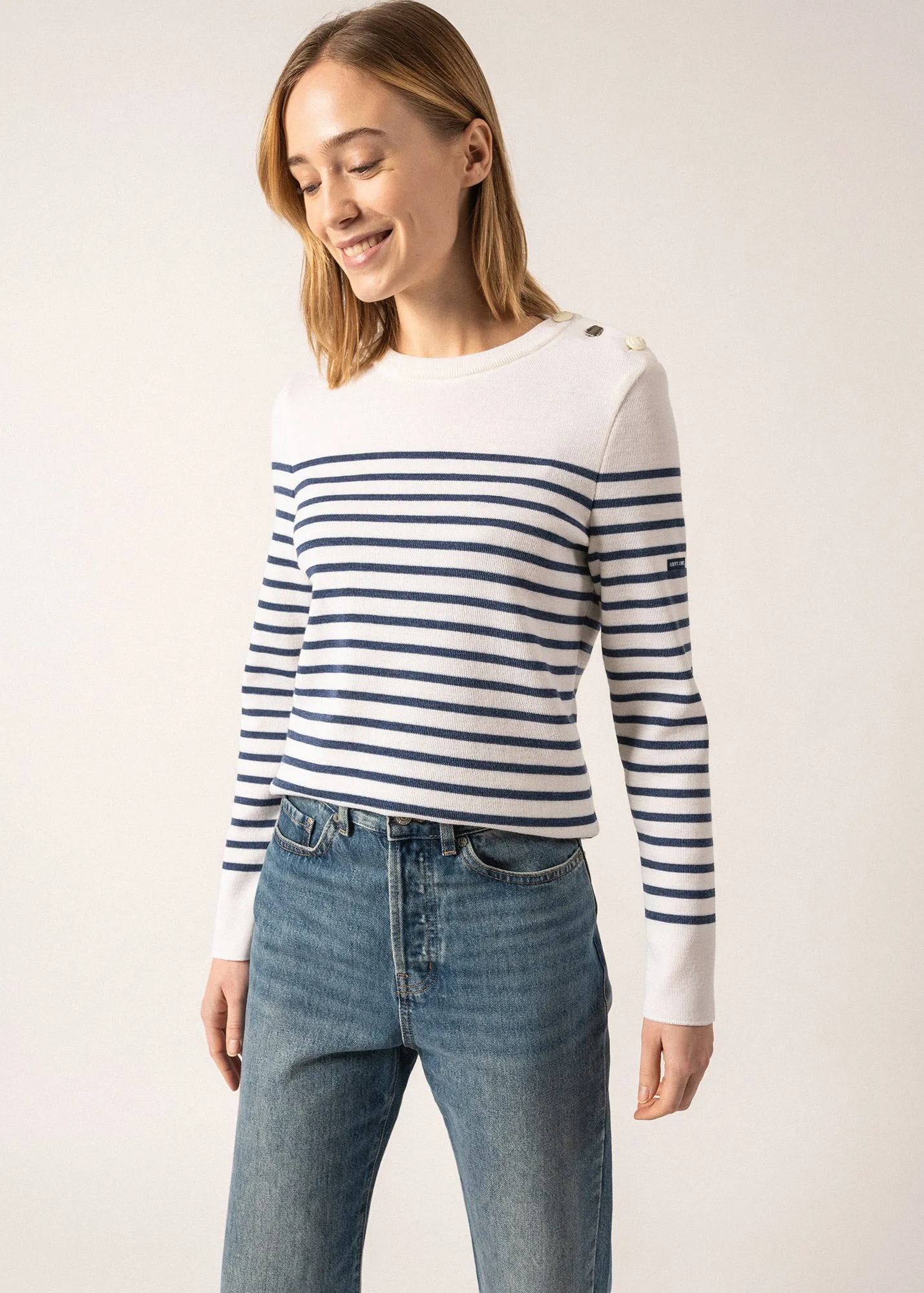 Brégançon striped sailor jumper - with contrasting elbow patches (BLANC/JEAN/DOLY)