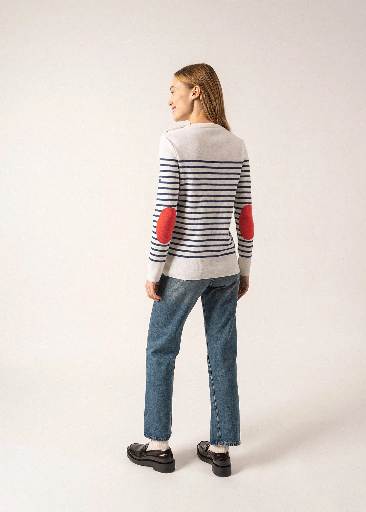 Brégançon striped sailor jumper - with contrasting elbow patches (BLANC/JEAN/DOLY)