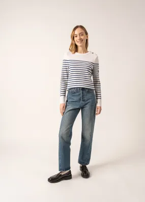 Brégançon striped sailor jumper - with contrasting elbow patches (BLANC/JEAN/DOLY)