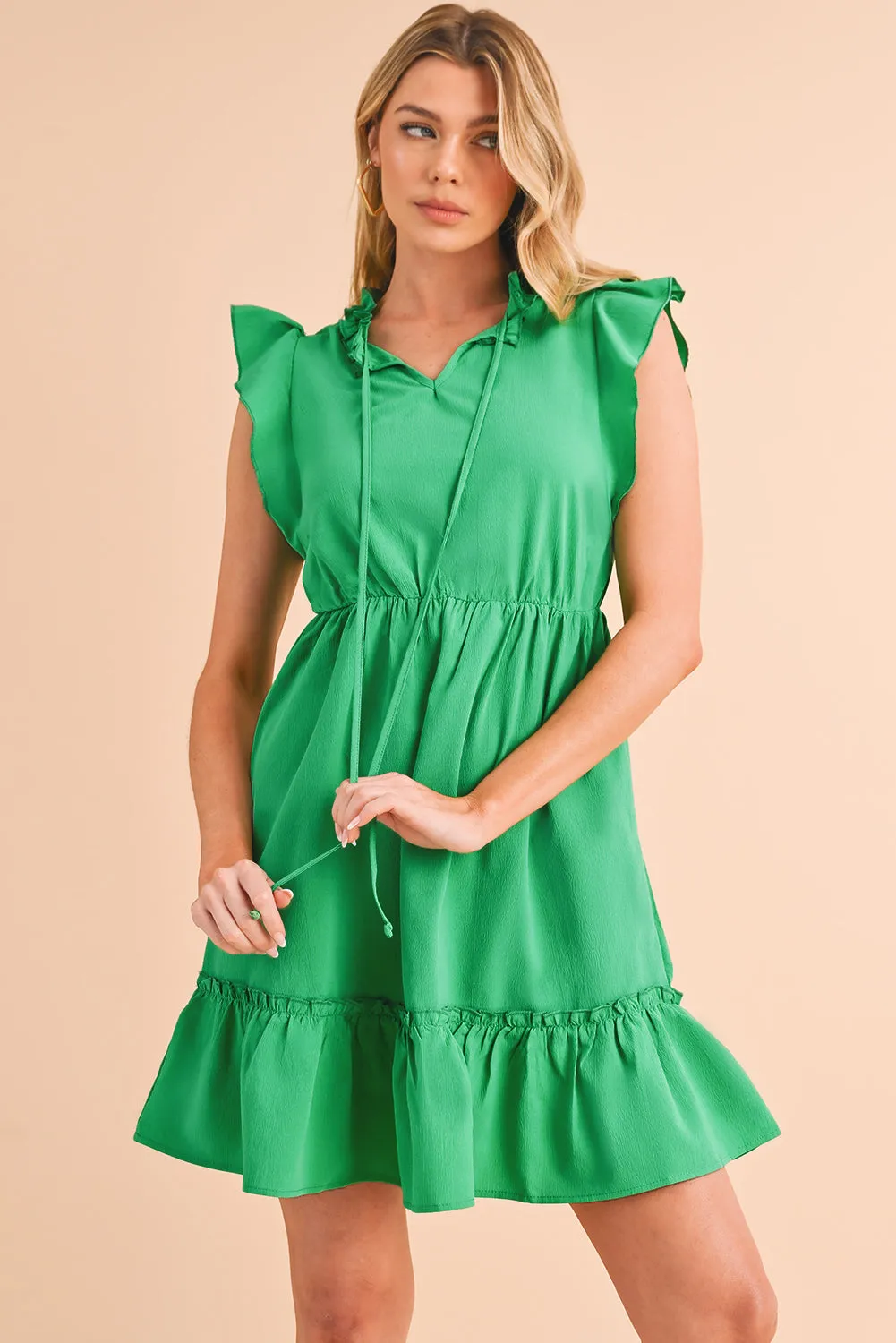 Bright Green Split V Neck Elastic Waist Ruffled Mini Dress