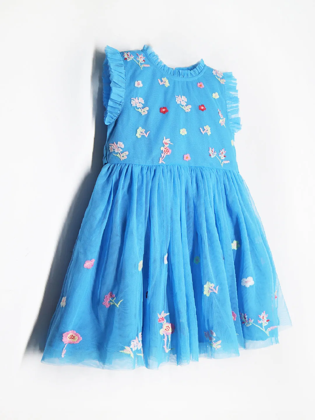 Cherry Crumble Cotton Blend Blue Round neck with Zipper Closure embroidered Fit & Dress Flare For Girls