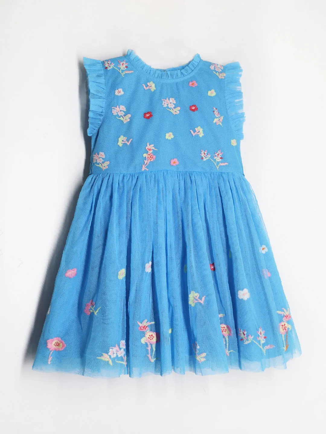 Cherry Crumble Cotton Blend Blue Round neck with Zipper Closure embroidered Fit & Dress Flare For Girls