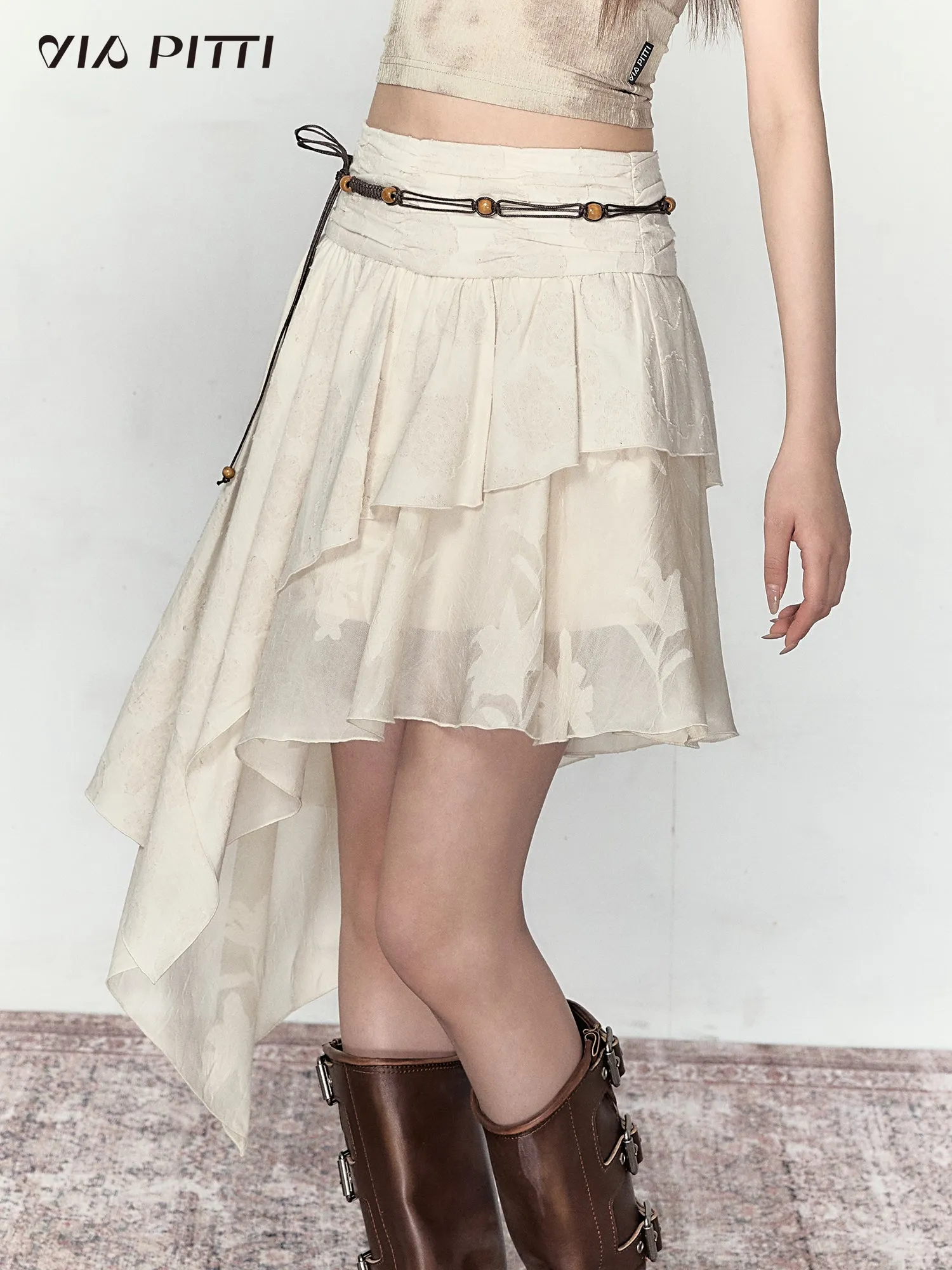 China Rose Pattern Asymmetrical Layered Skirt VIA0125