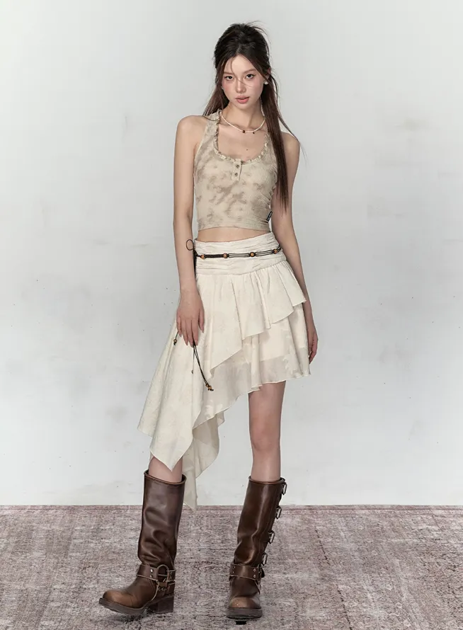 China Rose Pattern Asymmetrical Layered Skirt VIA0125