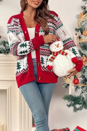 Christmas Print Knit Button-Down Loose Cardigan