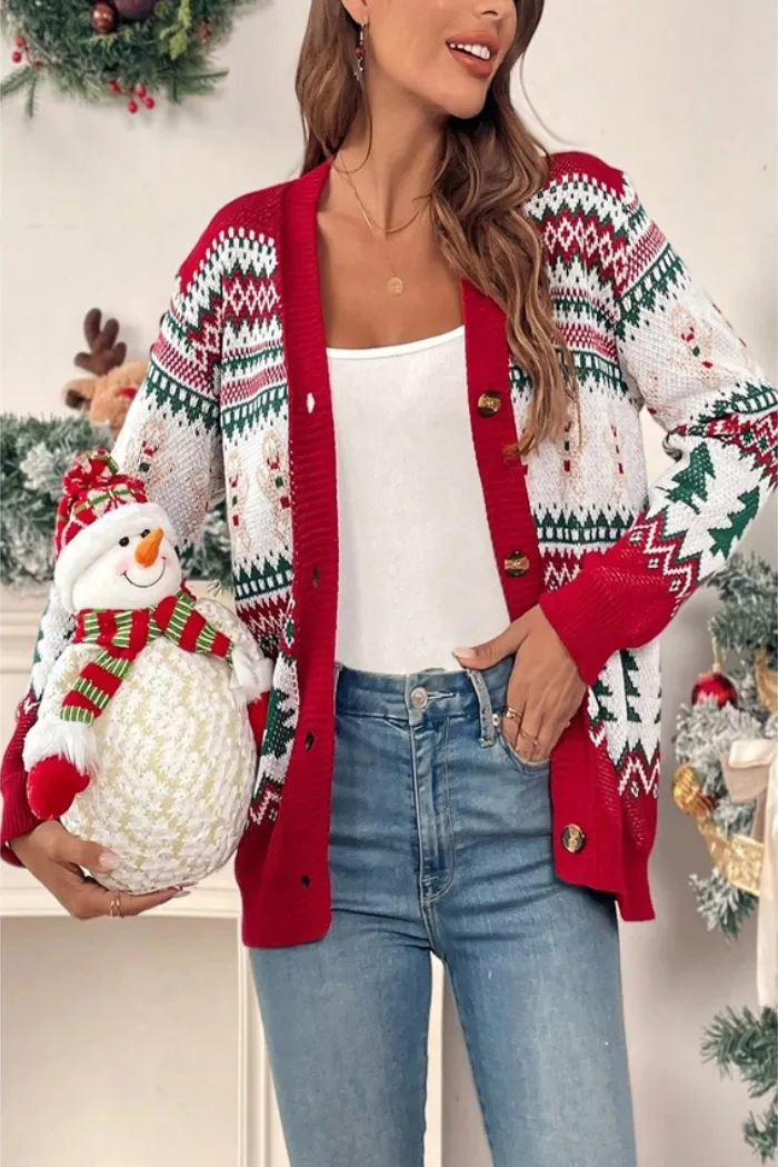 Christmas Print Knit Button-Down Loose Cardigan