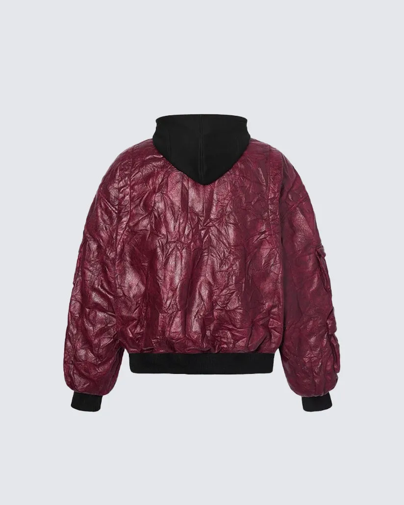 Crinkled Faux Leather Quilted Bomber Jacket