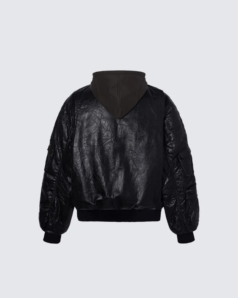 Crinkled Faux Leather Quilted Bomber Jacket