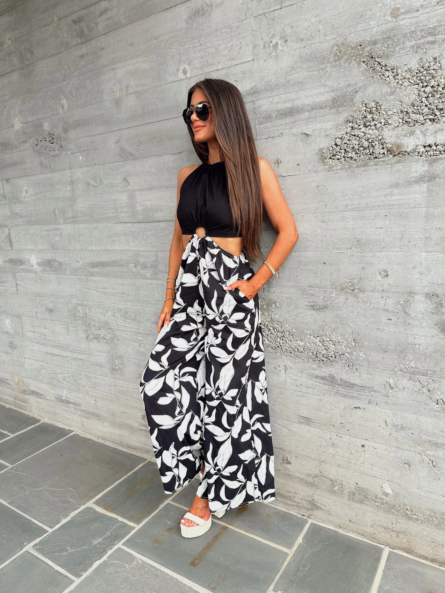 Dalton Halter Tie Jumpsuit- Black/White