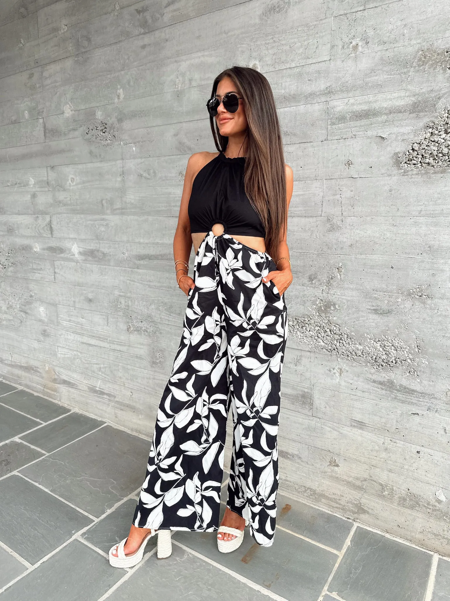 Dalton Halter Tie Jumpsuit- Black/White