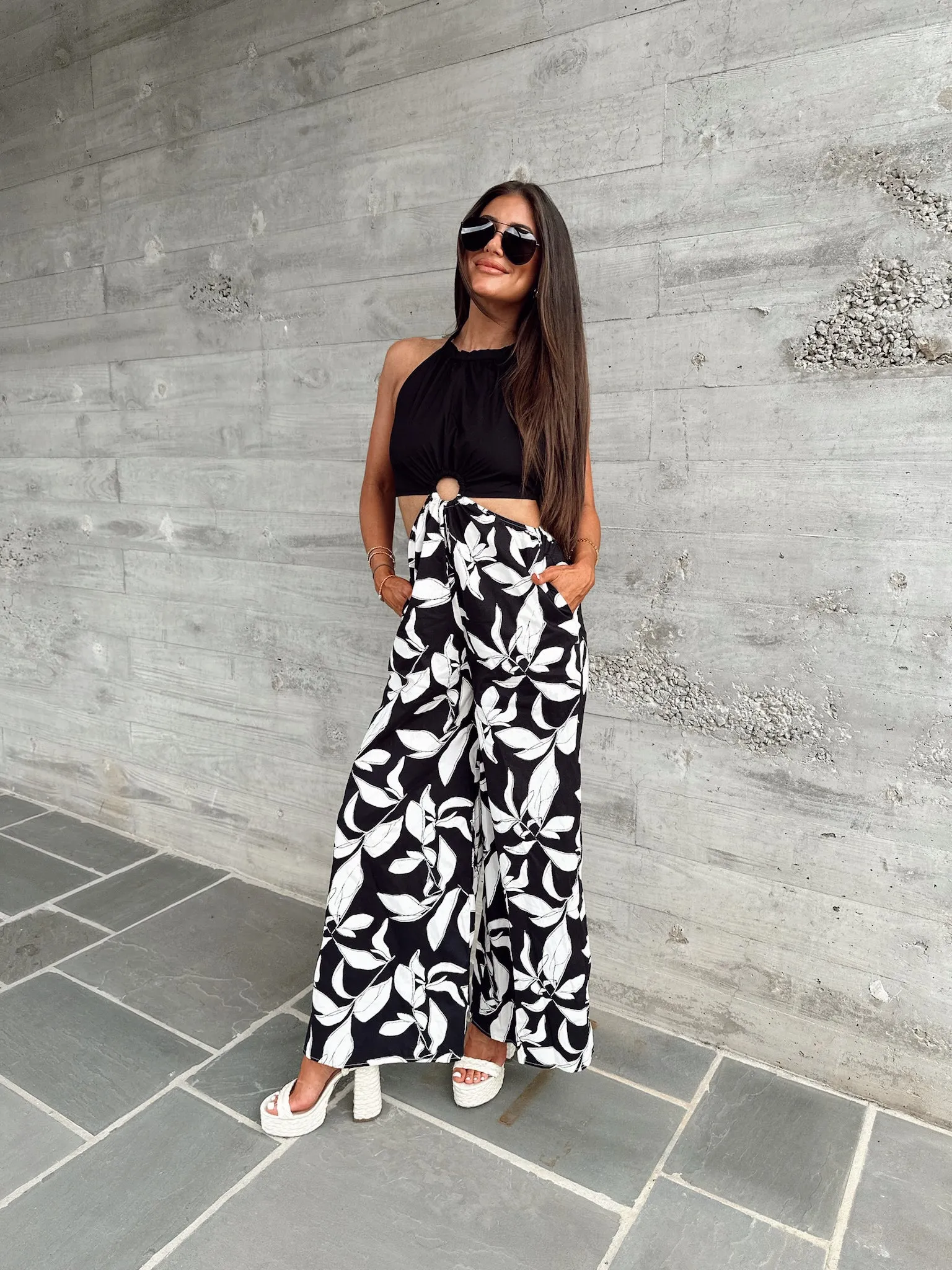 Dalton Halter Tie Jumpsuit- Black/White