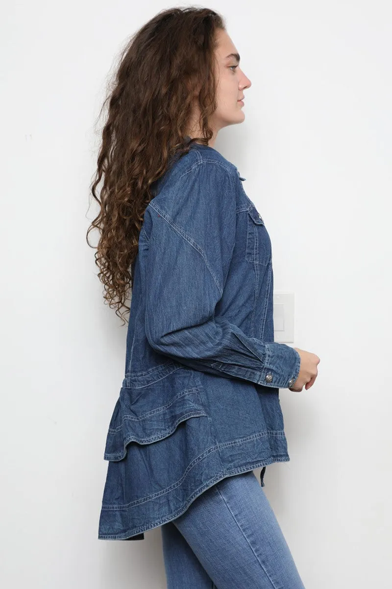 Denim Long Slv Button Up Peplum Top