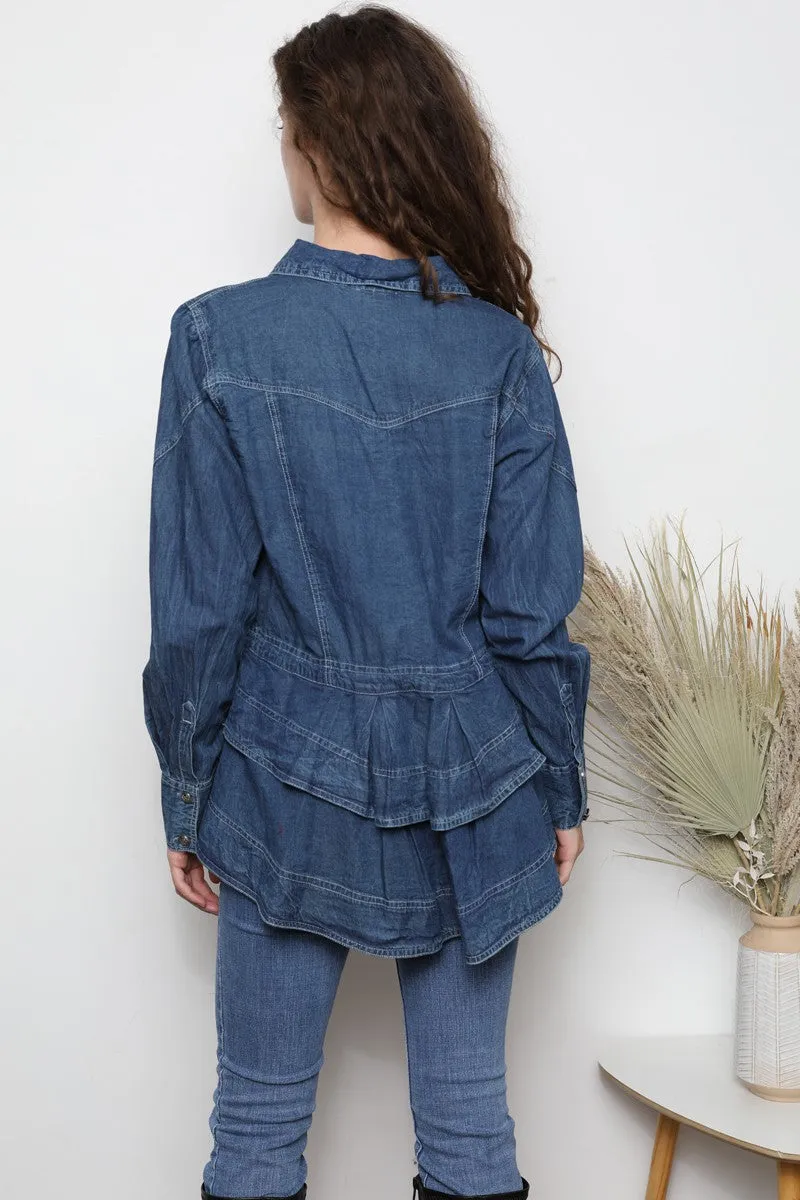 Denim Long Slv Button Up Peplum Top