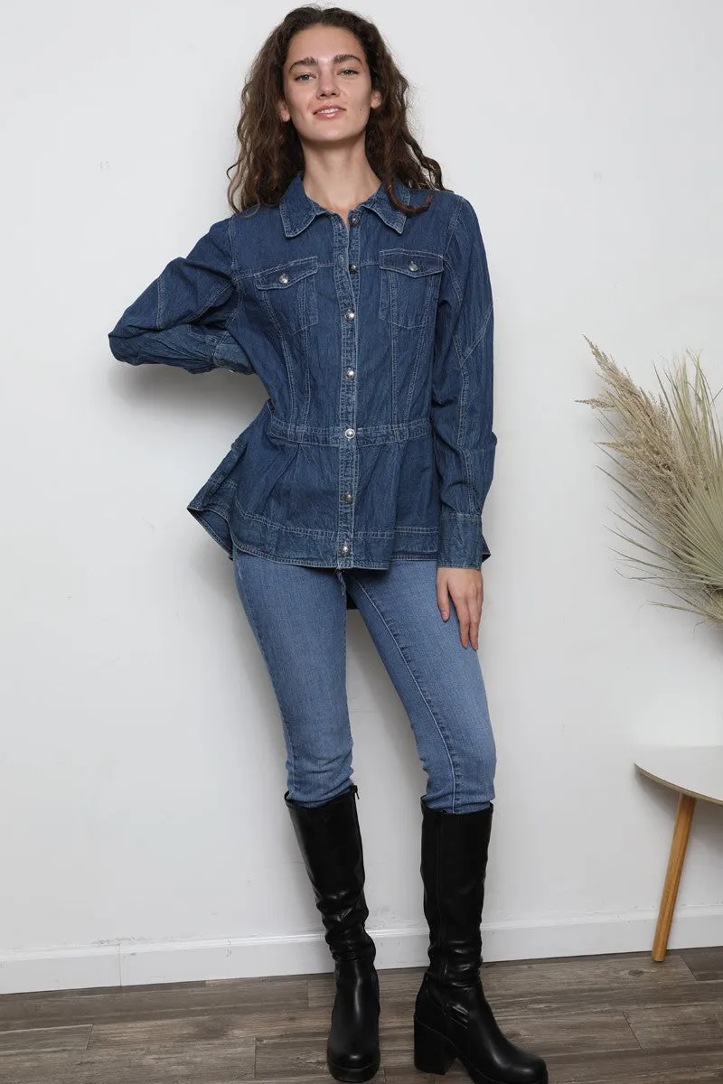 Denim Long Slv Button Up Peplum Top