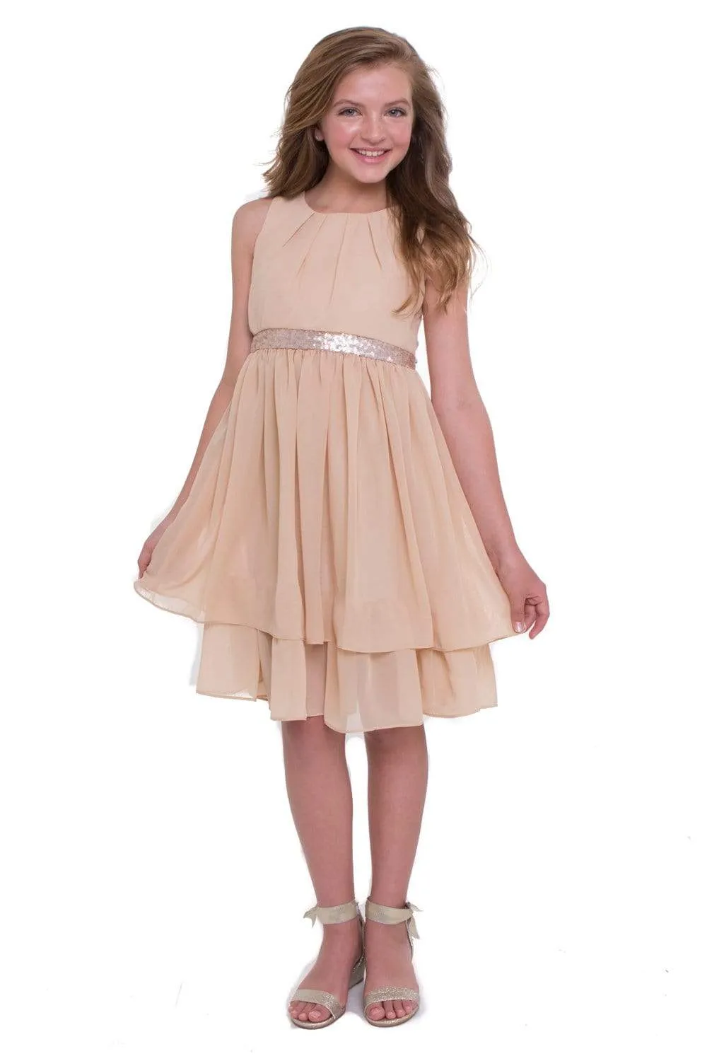 Double Layered Chiffon Dress With Sequin Belt.