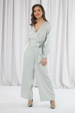 Double Second Sage Lux Satin Wrap Jumpsuit