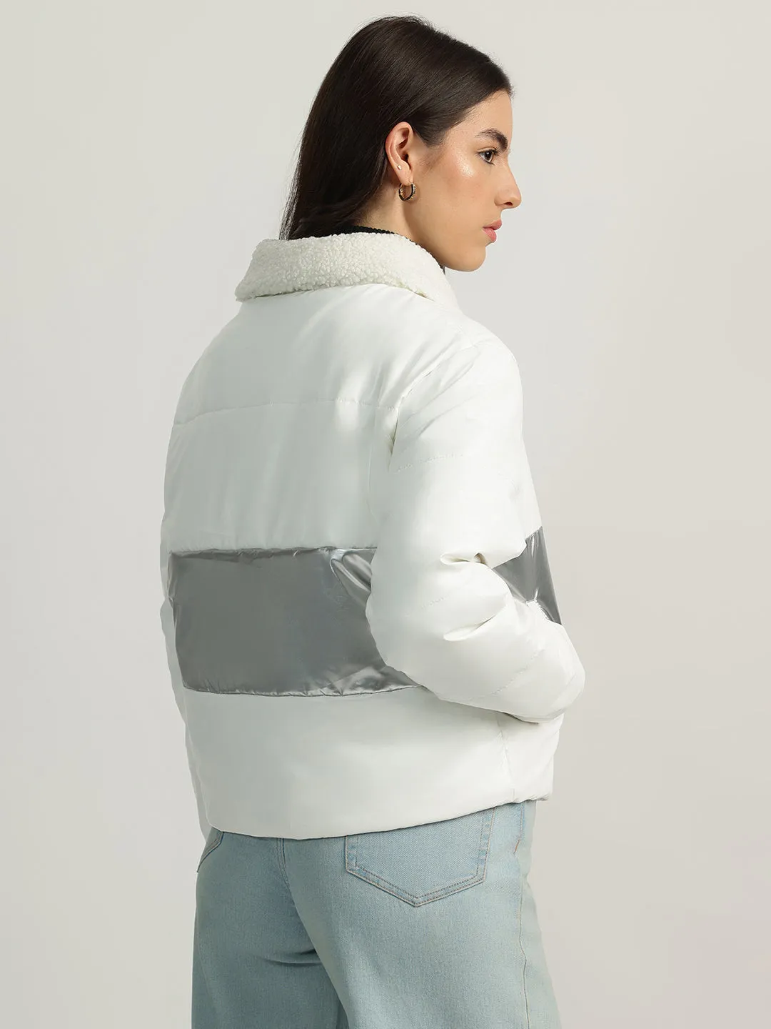 Elle Women White Color-Blocked Spread Collar Full Sleeves Puffer Jacket