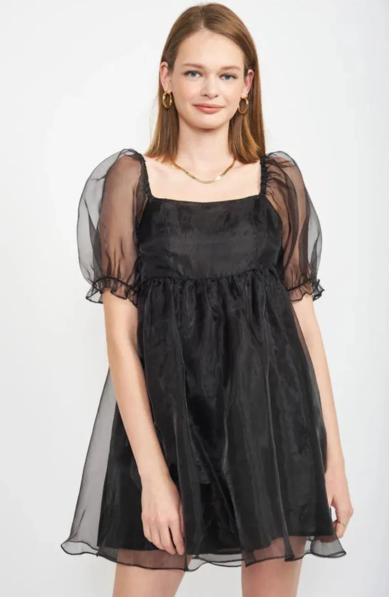 Farrah Organza Babydoll Charming Mini Dress in Black