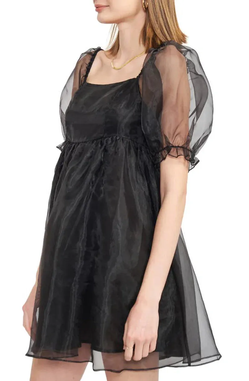 Farrah Organza Babydoll Charming Mini Dress in Black