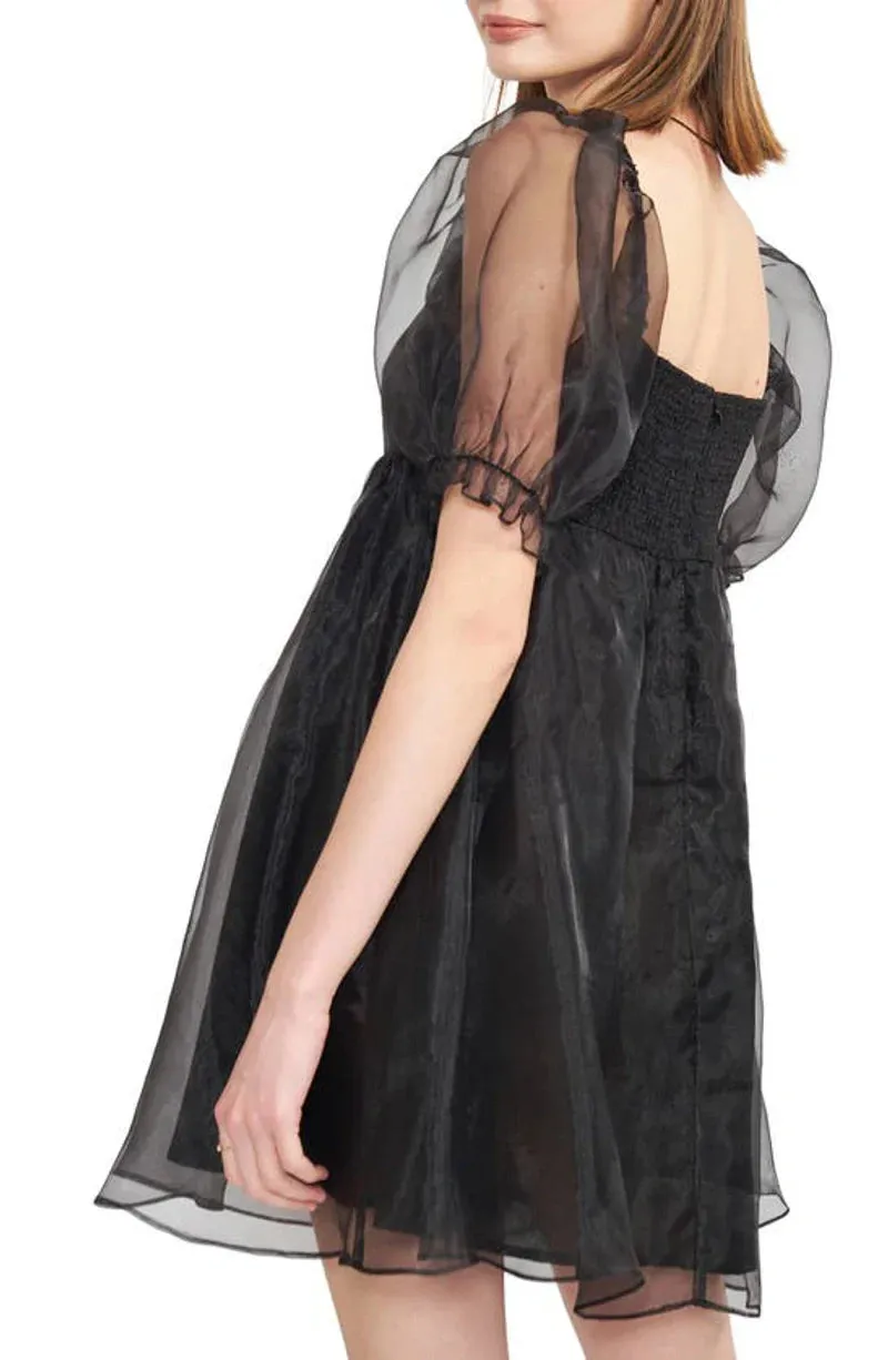 Farrah Organza Babydoll Charming Mini Dress in Black