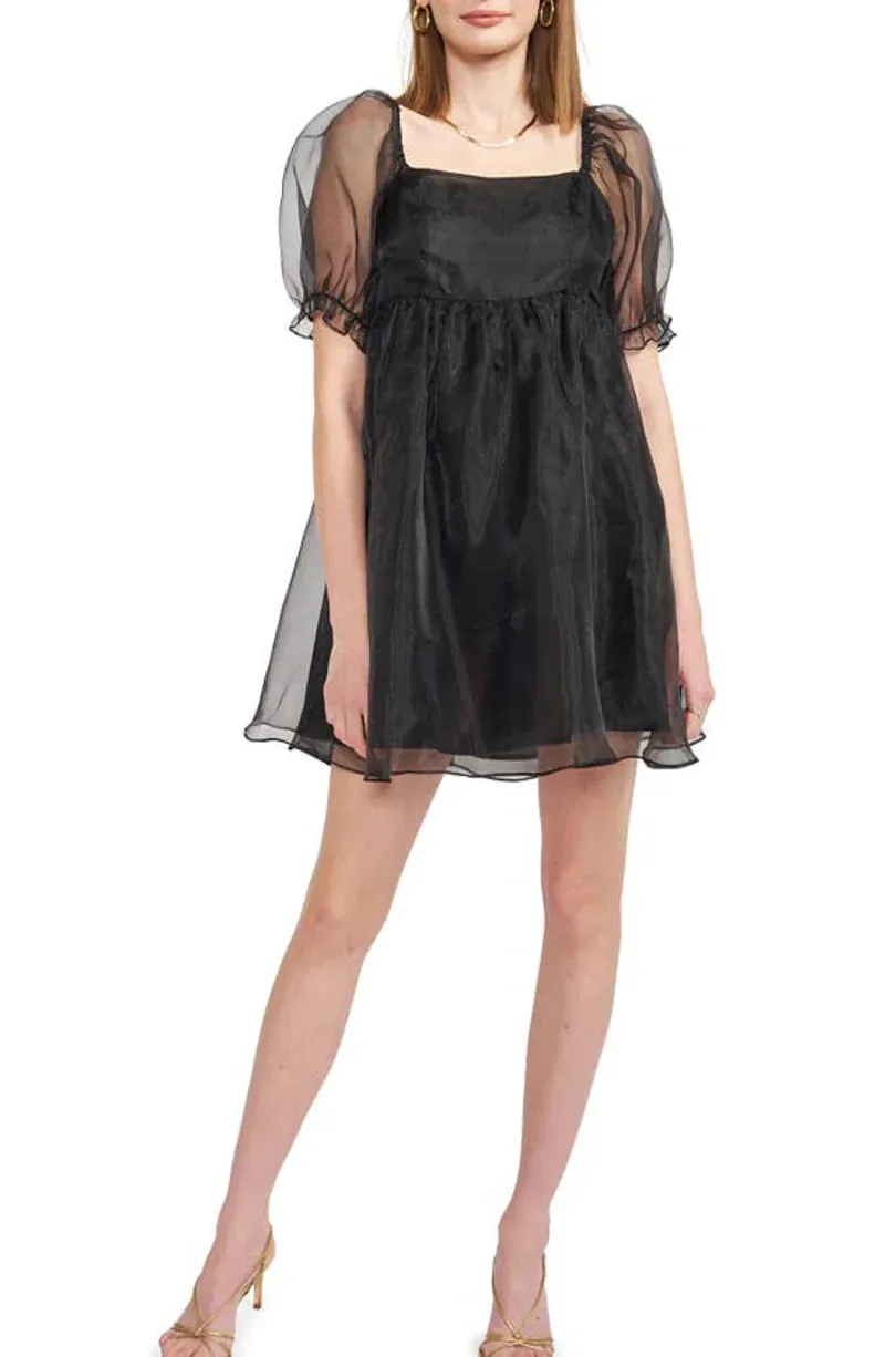 Farrah Organza Babydoll Charming Mini Dress in Black