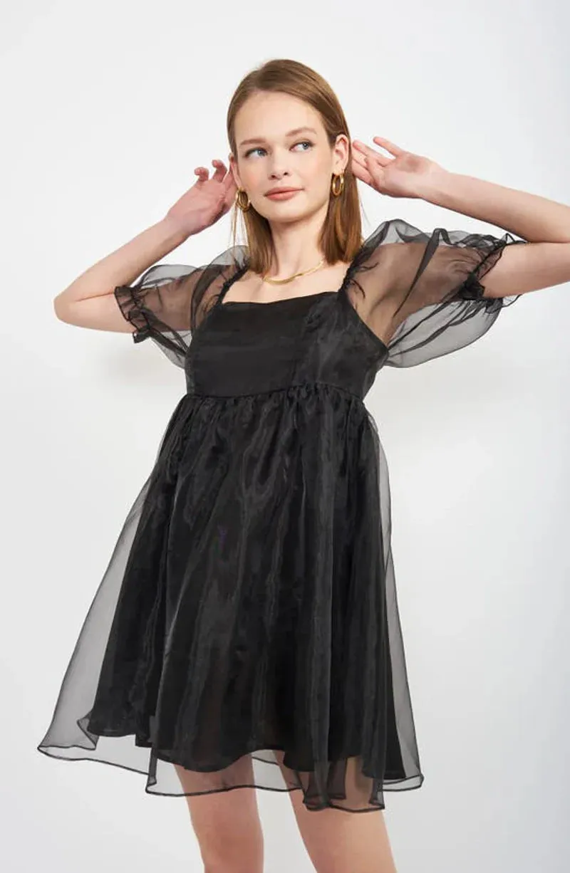 Farrah Organza Babydoll Charming Mini Dress in Black