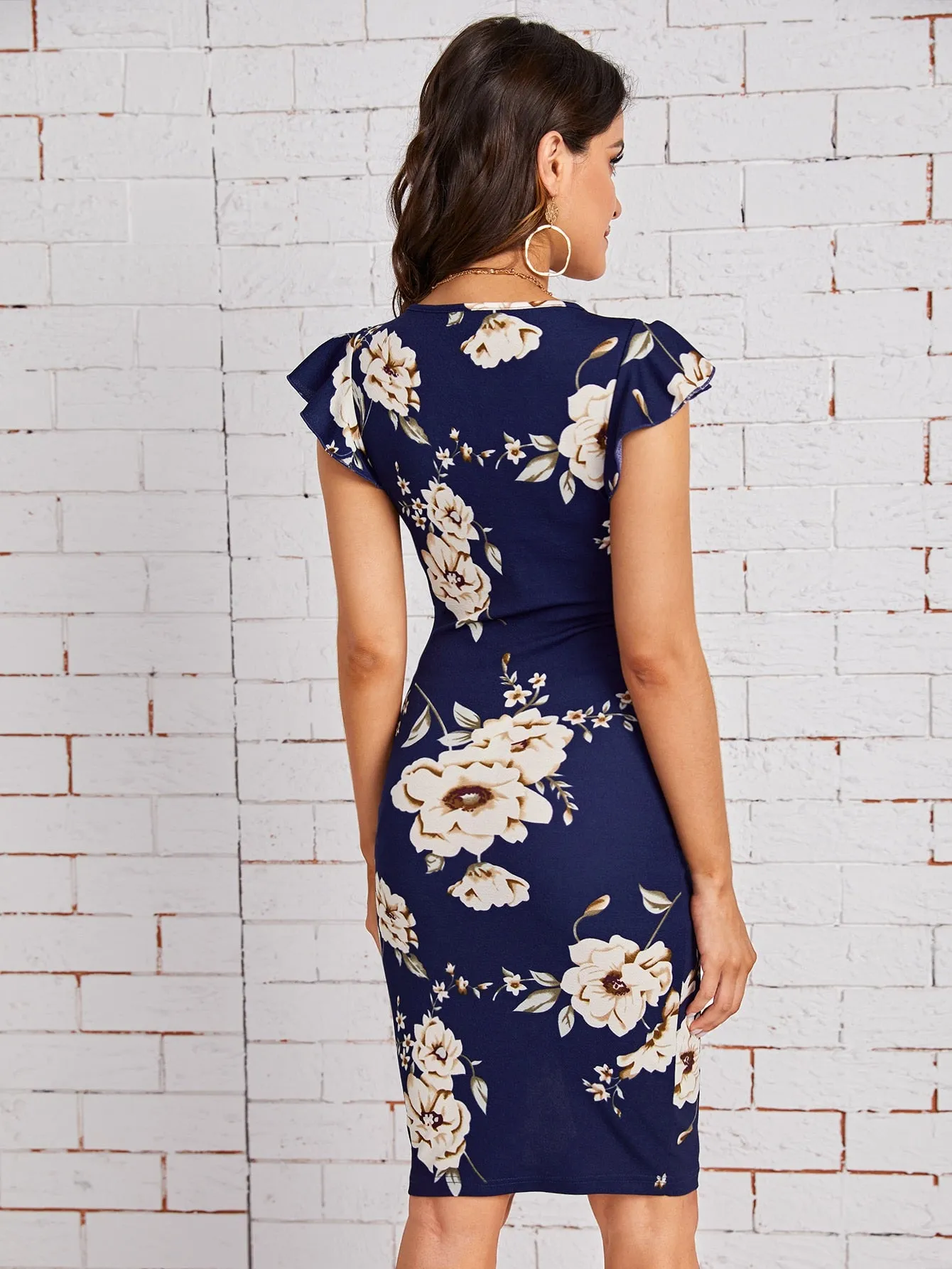 Floral Print Butterfly Sleeve Bodycon Dress