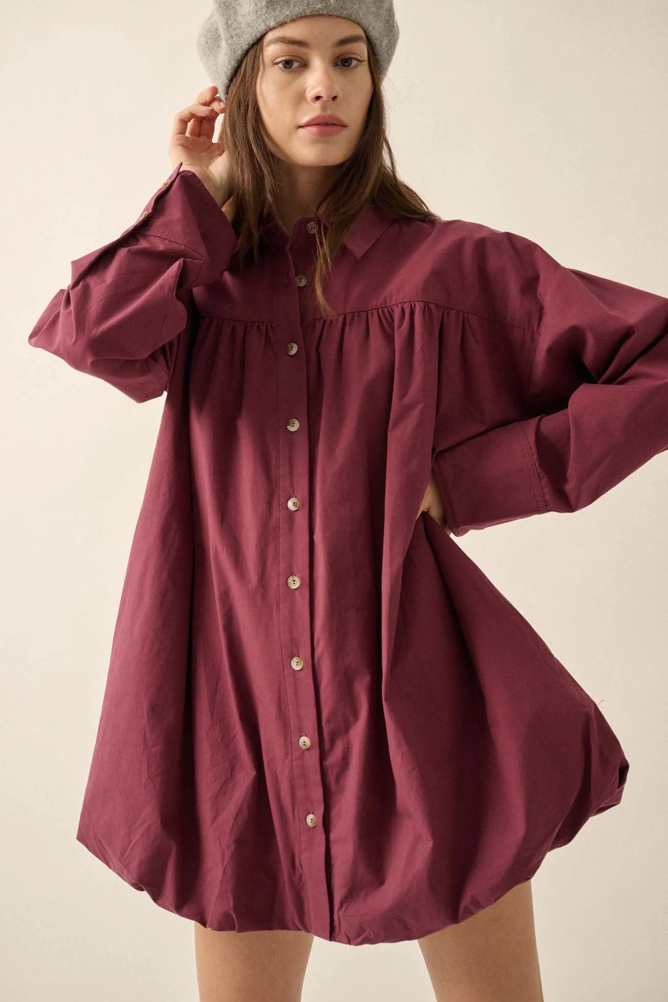 Full Volume Bubble-Hem Babydoll Shirt Dress